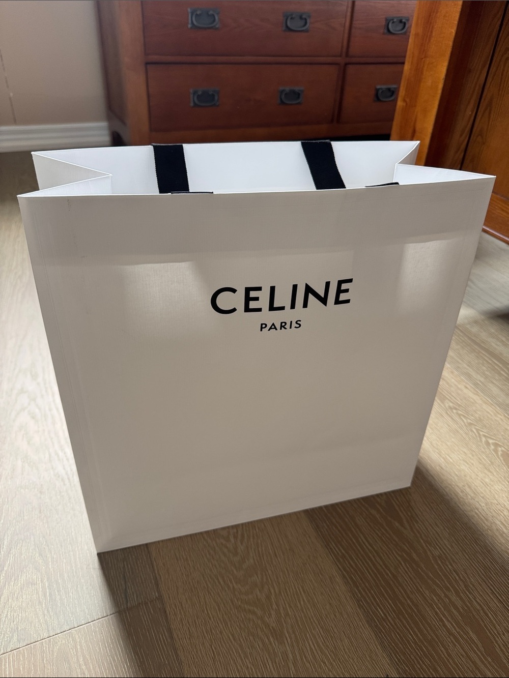Celine White Shopping Bag with Black Ribbon Handles